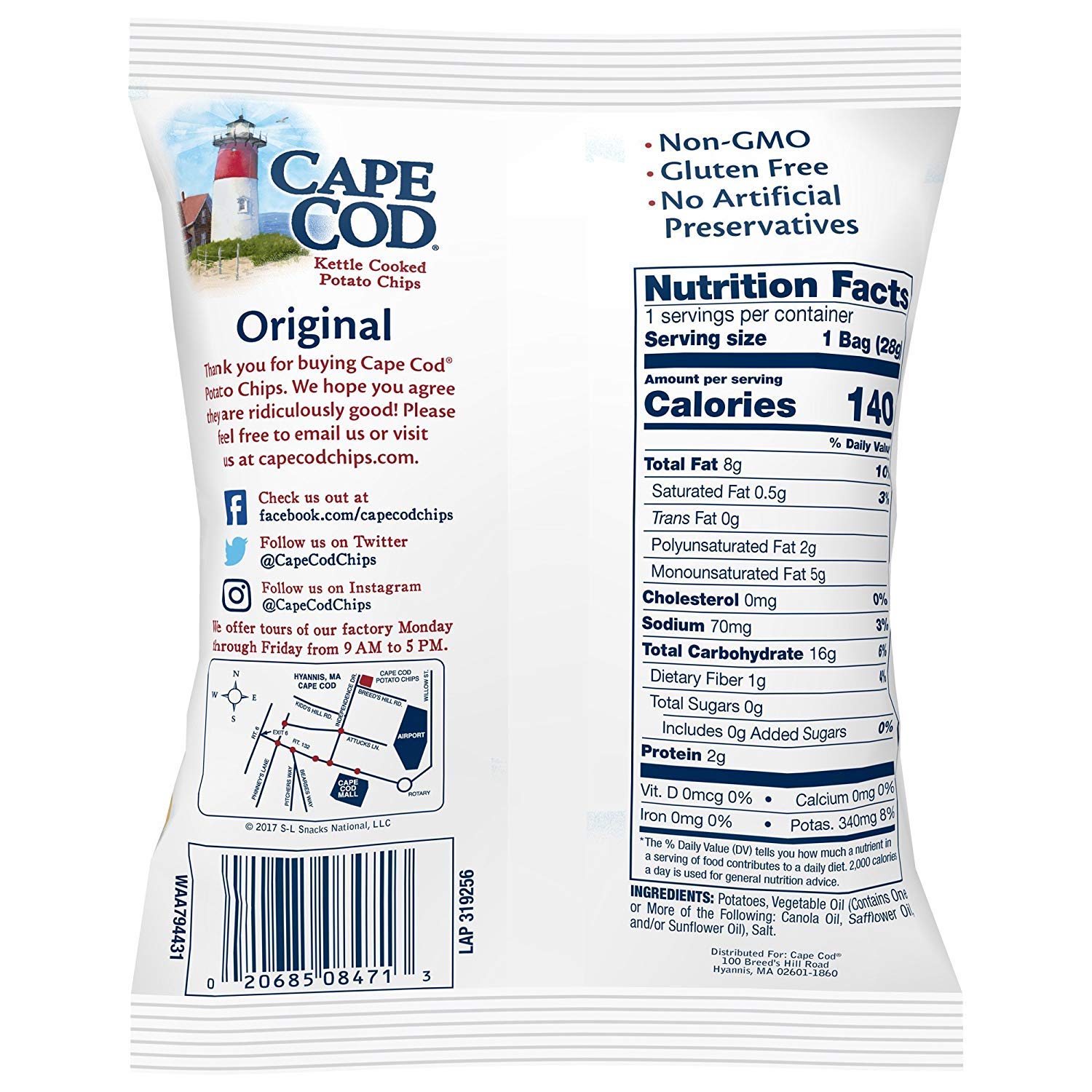 Cape Cod Original Kettle Cooked Potato Chips, Gluten-Free 1oz Bag (Pack of 24, Total of 24 Oz)