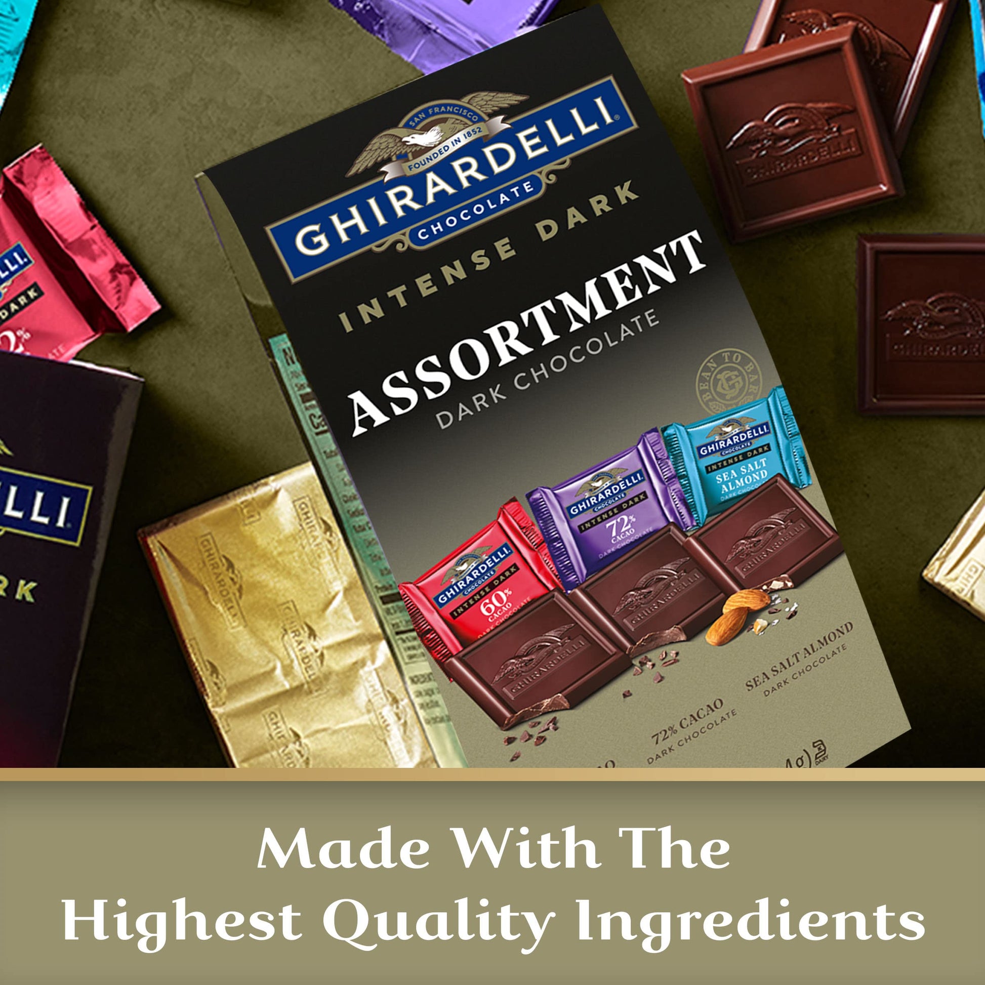 Ghirardelli Intense Dark Net Wt 19.14 Oz, Dark Chocolate 60% Cacao, 72% Cacao, Dark Chocolate Sea Salt Soiree with Almonds