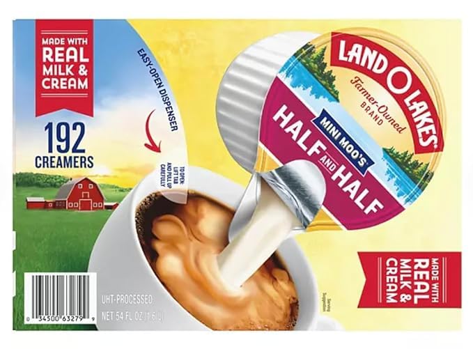 Mini Moo's Half and Half Creamer Singles, 192 Count-Box, 1 Case ( Packaged by Brewd Coffee ).
